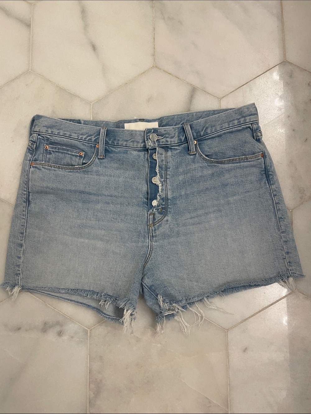 MOTHER Light Blue Denim Shorts with Button Fly